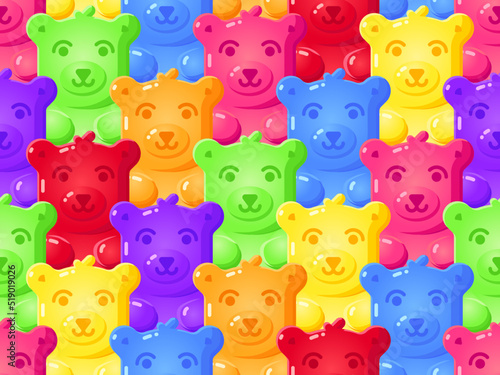 Cartoon cute jelly gummy bear seamless pattern for kids background. Gelatin sweet dessert pattern vector illustration
