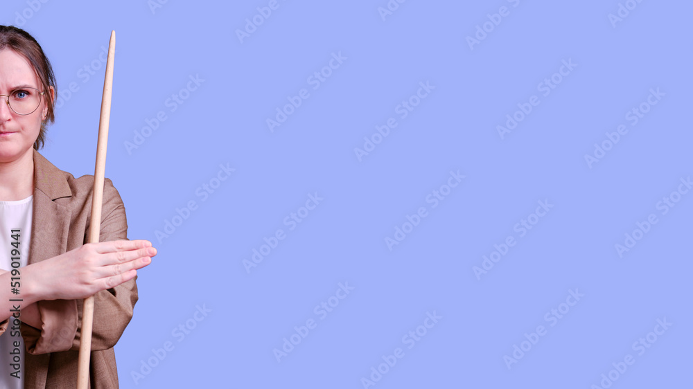 Woman teacher refuses crossing her arms on studio blue background, banner copy space Woman teacher refuses crossing her arms on studio blue background, banner copy space