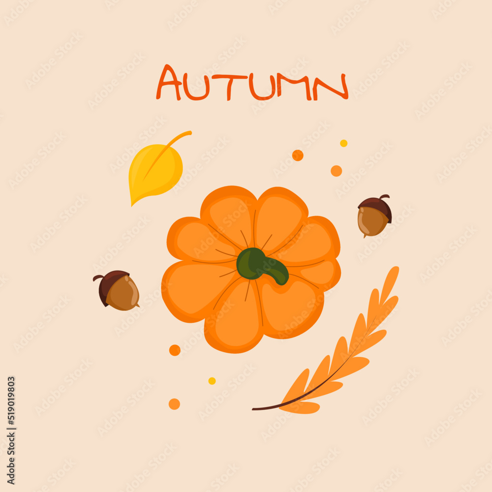 Vector autumn card with an image of a pumpkin and leaves with an inscription. Trendy retro style. Vector template for design, print and use in social networks.