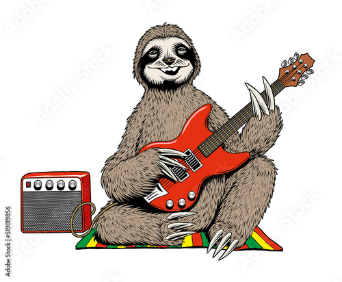 Smiling sloth in reggae style playing electric guitar and singing a song. Comic style vector illustration.
