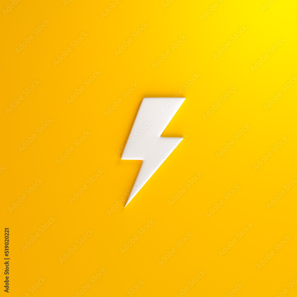 White Lightning bolt icon on yellow background. Flash icon. Charge flash icon. Thunder bolt. Lighting strike. Minimalism concept. 3D rendering illustration White Lightning bolt icon on yellow background. Flash icon. Charge flash icon. Thunder bolt. Lighting strike. Minimalism concept. 3D rendering illustration