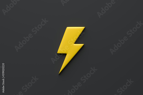 Yellow Lightning bolt icon on black background. Flash icon. Charge flash icon. Thunder bolt. Lighting strike. Minimalism concept. 3D rendering illustration