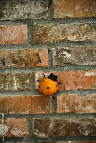Gold Lady Bug on brick wall