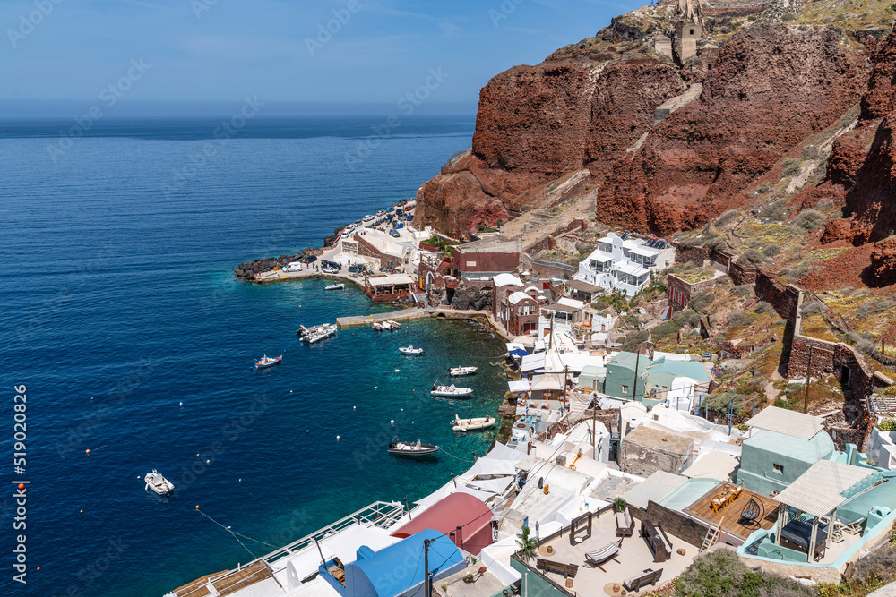 View of Amoudi Bay in Oia, famous for its fish restaurants along the sea, Santorini, Greece