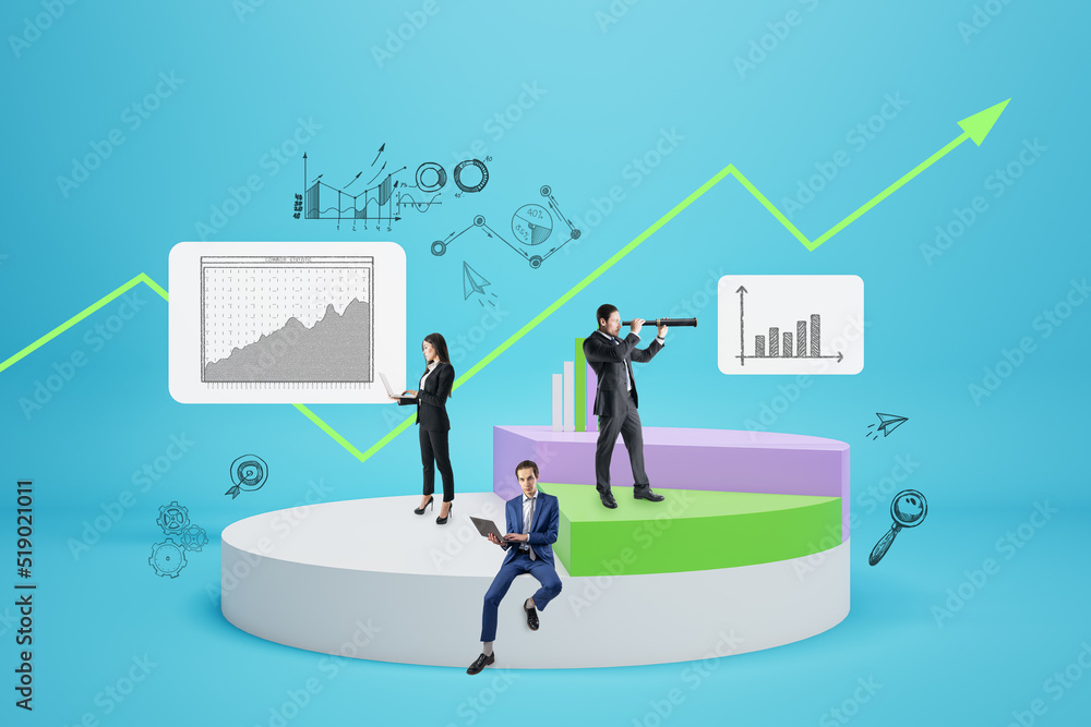 Abstract image of businesspeople with creative pie-chart on blue background. Finance, business management and market research concept. Abstract image of businesspeople with creative pie-chart on blue background. Finance, business management and market research concept.