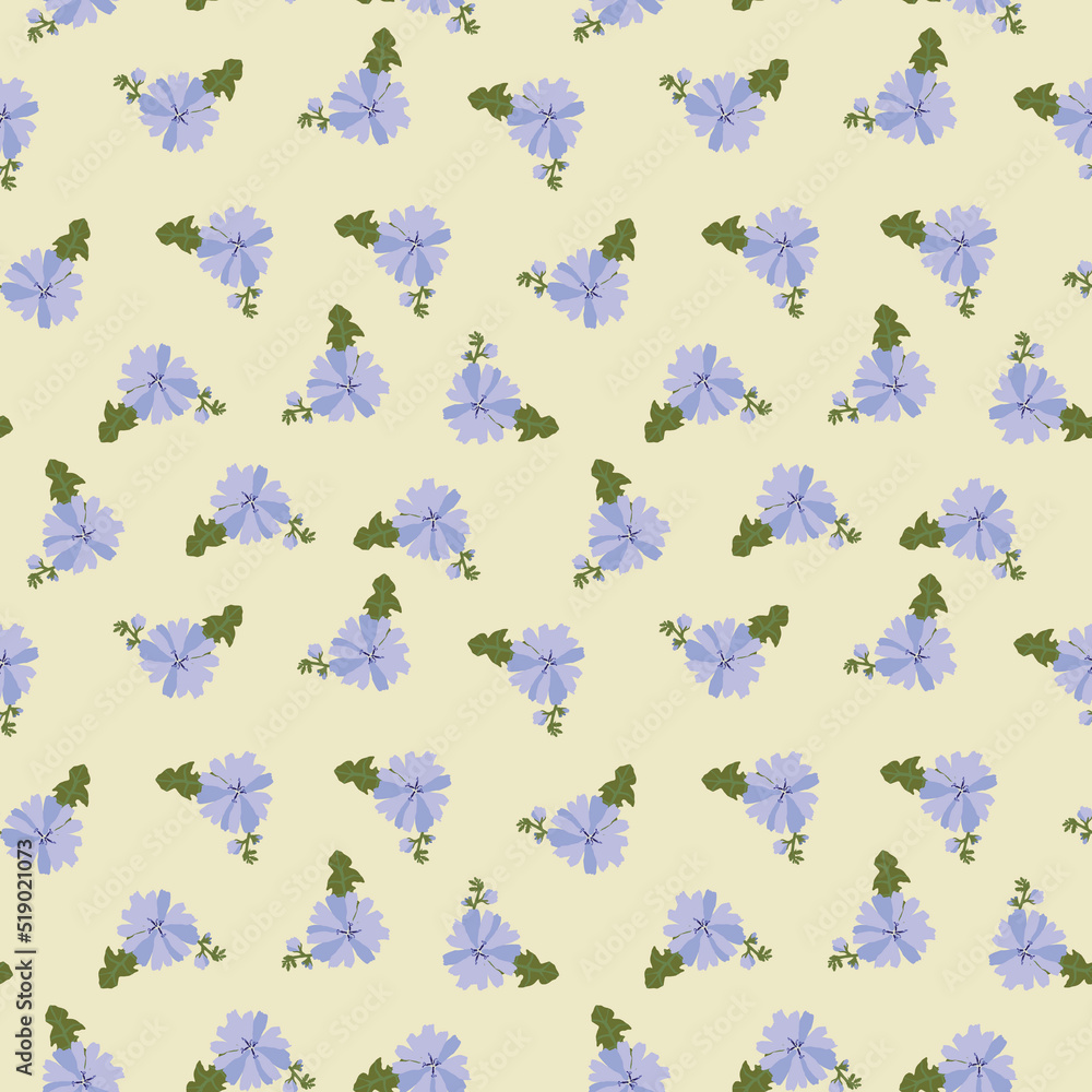 The pattern of chicory flowers is fresh, summer on a yellow background.For fabrics, for printing brochures, posters, parties, vintage textile design, postcards, packaging The pattern of chicory flowers is fresh, summer on a yellow background.For fabrics, for printing brochures, posters, parties, vintage textile design, postcards, packaging