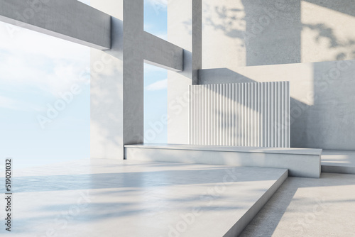 Perspective view on slatted concrete partition in sunlit abstract spacious hall with modern design project. 3D rendering