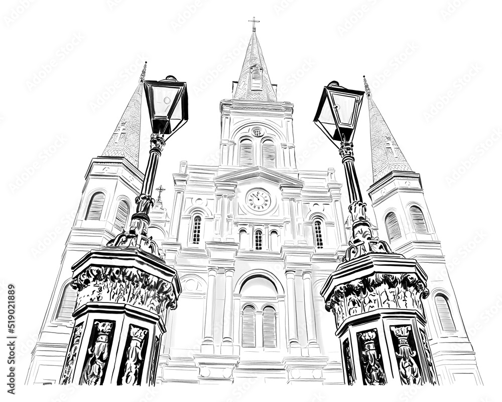 Fototapeta premium Hand drawn illustration. Saint Louis Cathedral in Jackson Square, French Quarter, New Orleans. View of the famous iron street lanterns in the foreground.