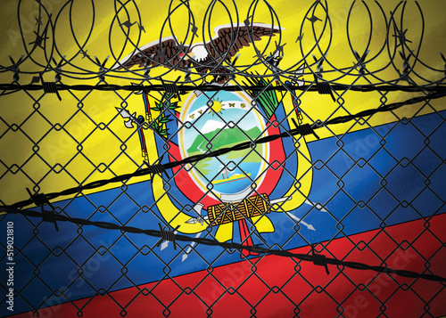 Ecuador flag behind barbed wire and metal fence