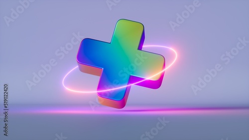 3d render, abstract geometric background, iridescent holographic plus sign, cross symbol with pink neon ring