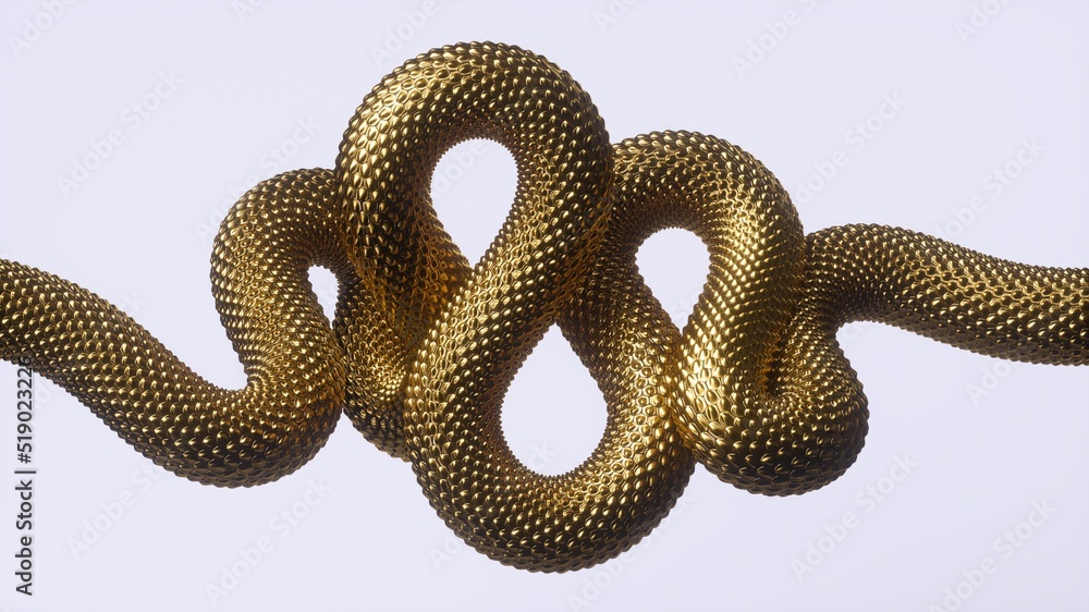 3d render, abstract golden wavy snake isolated on white background