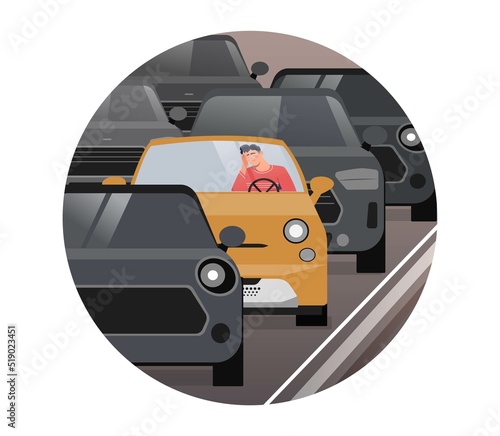 Traffic jam concept. Man in car sits and waits at traffic light, road congested with vehicles. Confused character waiting for movement feeling, bored driver. Cartoon flat vector illustration