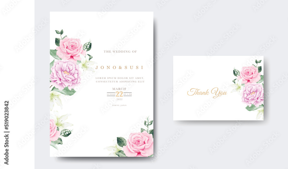 Beautiful wedding invitation card template with floral leaves 