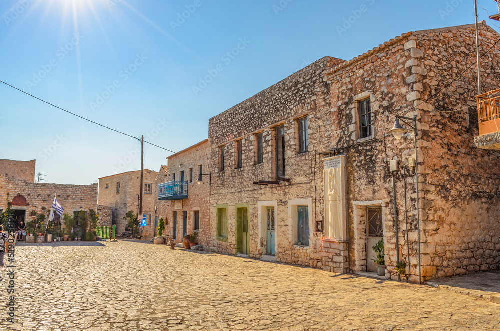The beautiful town of Areopoli with traditional architectural buildings and stoned houses in Laconia, Greece