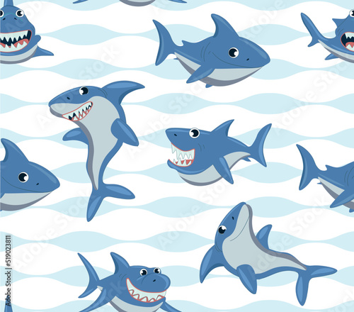 Sharks seamless pattern. Repeating image for printing on bed linen. Strong childrens characters  representatives of underwater world. Dangerous predator in water. Cartoon flat vector illustration