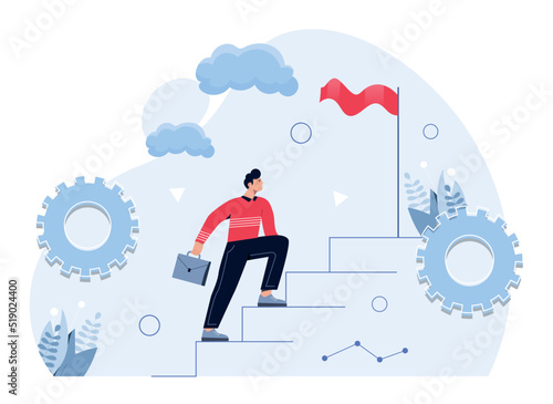 Task in progress. Man goes up stairs to red flag. Hardworking and motivated employee. Goal setting and leadership, planning, vision and strategy development. Cartoon flat vector illustration