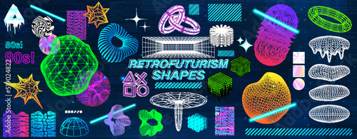 Foto Retrowave and retrofuturistic trendy geometric shapes collection from 80s-90s