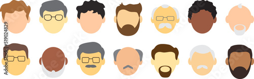 Face old man vector icon, cartoon avatar, people character, diverse senior men. Profile grandfather isolated on white background. Glasses, bald head, mustache and beard. Human illustration