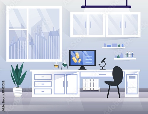 Modern laboratory room. Place for biological and chemical research. Science, genetic engineering. Class for teaching students at university or pupils at school. Cartoon flat vector illustration