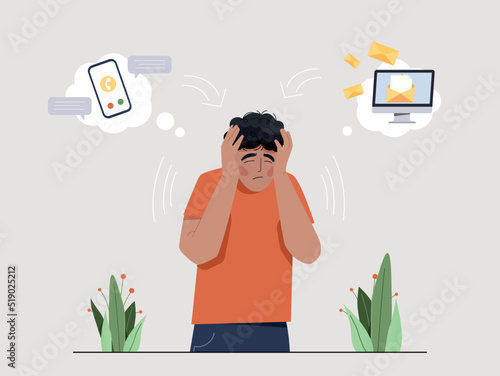 Concept of anxious man. Guy covers his head with his hands, character worried about calls and messages. Employee burnt out at work, overworked person, manager. Cartoon flat vector illustration