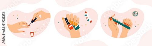 Set of manicure. Collection of cosmetic products. Woman applying nail red polish and changing their shape. Beauty and attractiveness. Cartoon flat vector illustrations isolated n white background