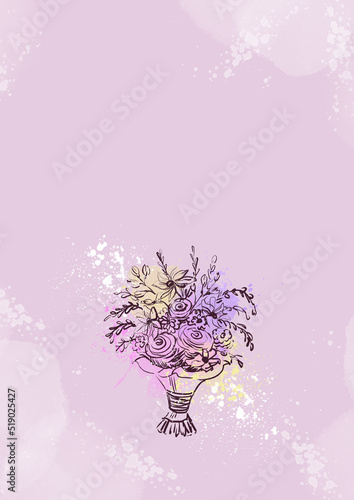 Sketch with wedding bouquet on a watercolor pink background. Wedding horizontal background for invitation or postcard. Text frame with bouquet of the bride