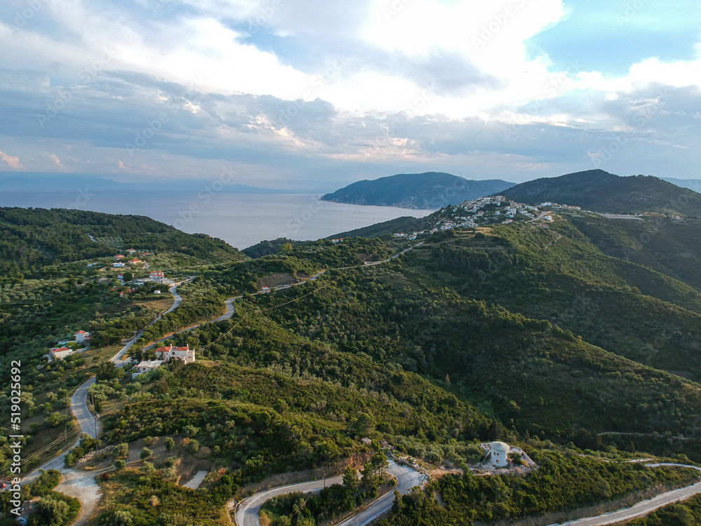 Obraz premium Aerial panoramic view over Alonissos island, Greece at sunset