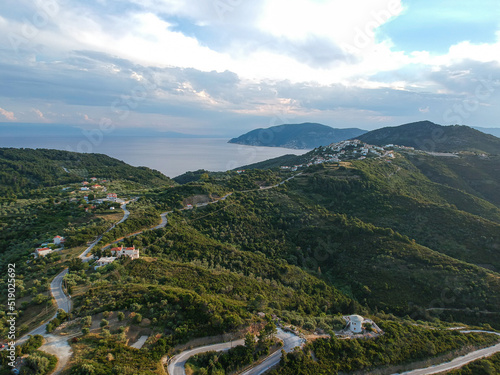 Aerial panoramic view over Alonissos island, Greece at sunset