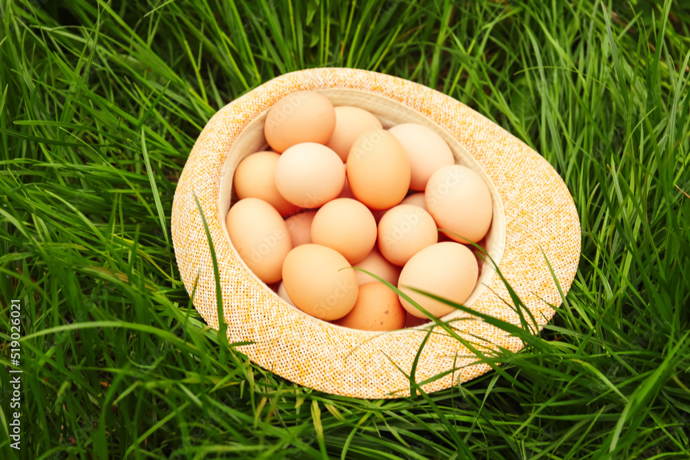 Defocus eggs in straw hat on grass background. Chicken eggs in wooden basket on green nature floor at cloudy day. Copy space. Organic food. Closeup. Easter egg. Side view. Vertical. Out of focus Defocus eggs in straw hat on grass background. Chicken eggs in wooden basket on green nature floor at cloudy day. Copy space. Organic food. Closeup. Easter egg. Side view. Vertical. Out of focus