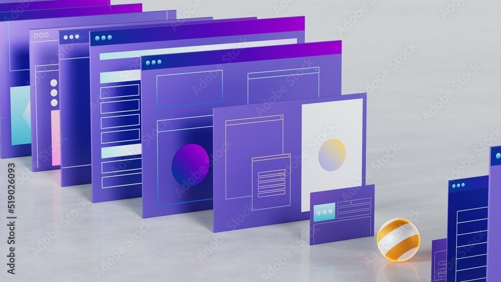Stylized web pages and interfaces. Business and technology theme 3d illustration Stylized web pages and interfaces. Business and technology theme 3d illustration
