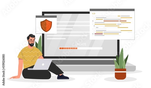 Operating system concept. Man cleans his laptop from unnecessary files, speeds up operation of device. Programming and coding, character downloading updates. Cartoon flat vector illustration