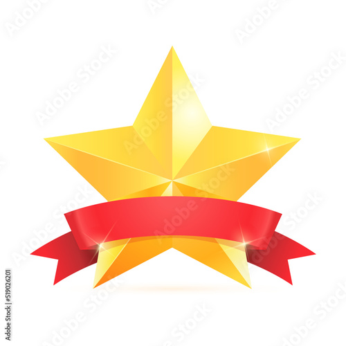 Golden star with red ribbon. Vector icon for award ceremony. First place winner medal