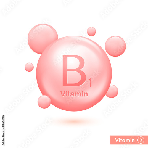 Vitamin B1 pill capsule icon . Vitamin complex bubbles for health care ads. Shining pink substance drop. Vector illustration