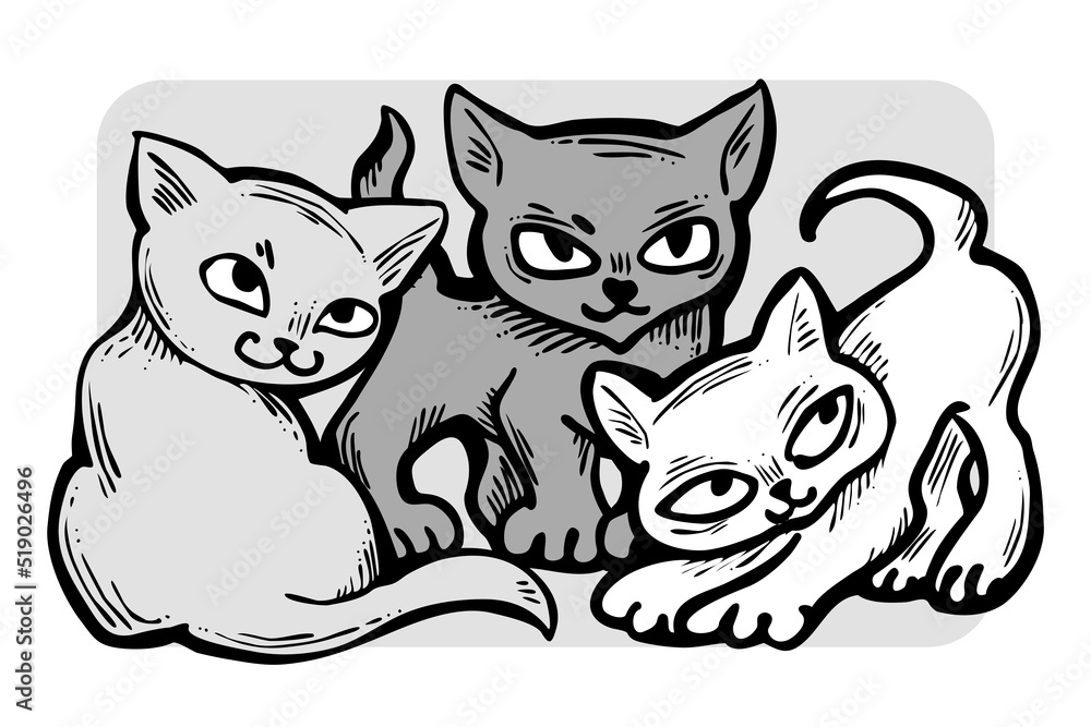 Obraz premium Cute cats friends sitting together. Decorative border, banner, postcard, poster print for kids room or birthday. Logo design for veterinary. Hand drawn illustration. Cartoon style character drawing.