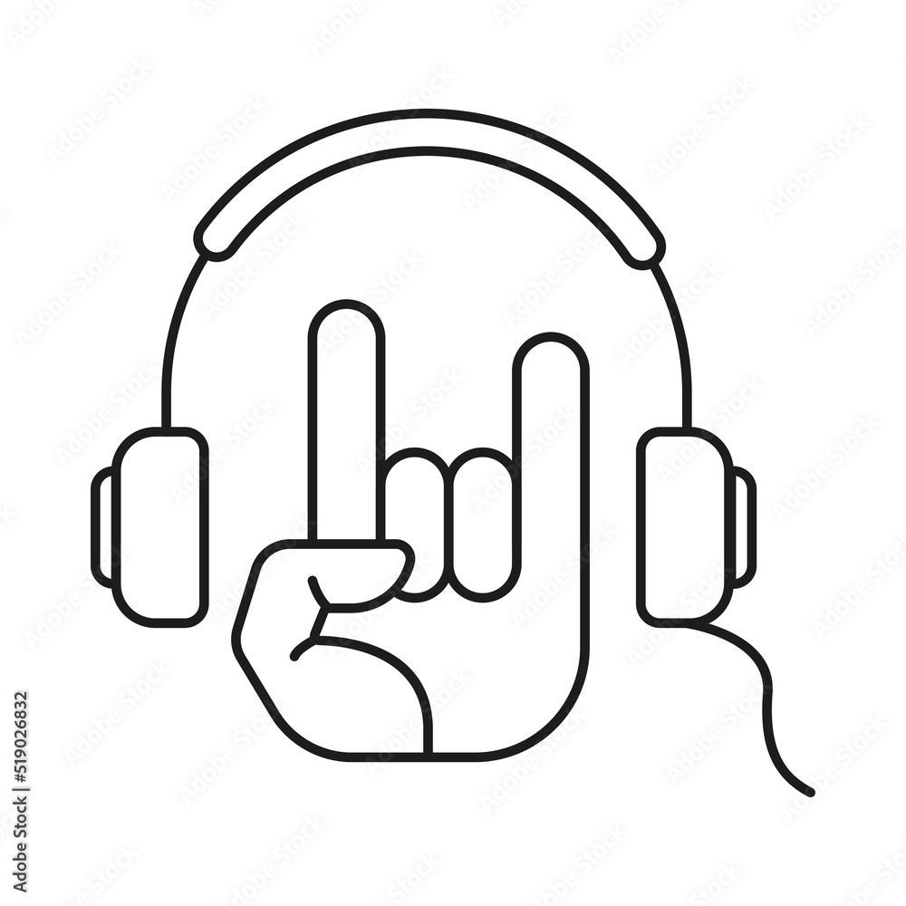 Headphone, rock, hand concept line icon. Simple element illustration. Headphone, rock, hand concept outline symbol design from music set. Can be used for web and mobile on white background Headphone, rock, hand concept line icon. Simple element illustration. Headphone, rock, hand concept outline symbol design from music set. Can be used for web and mobile on white background