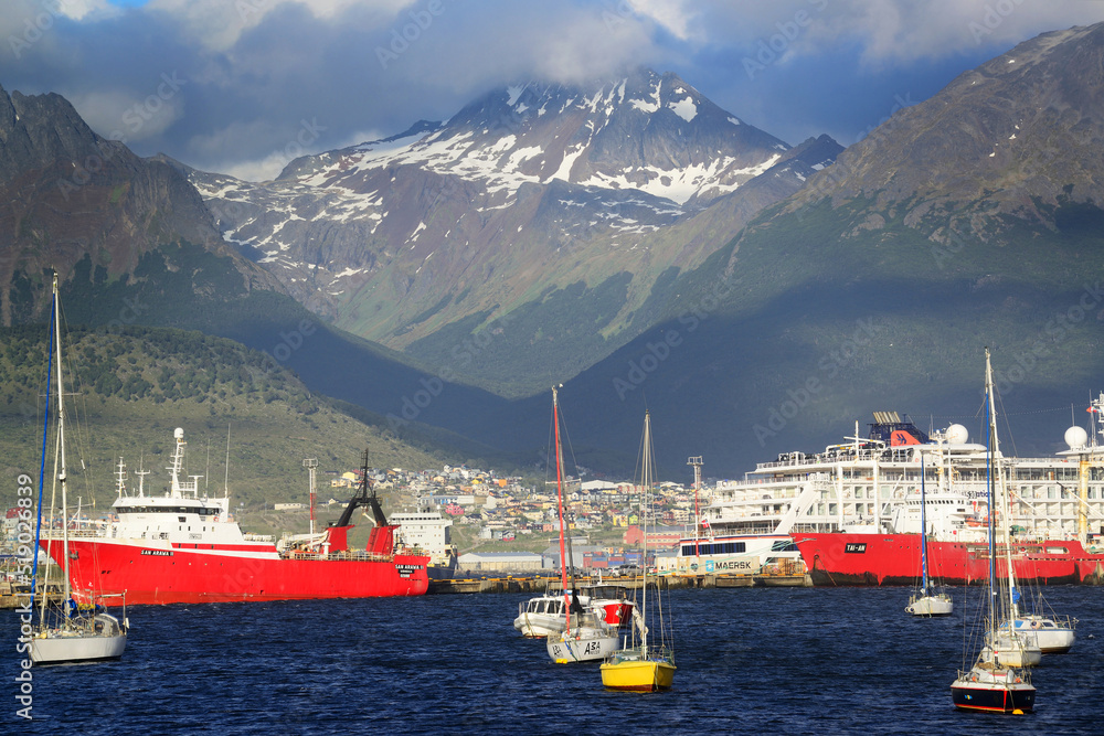 Boats on the Beagle Channel, outside Ushuaia, in the Tierra del Fuego region of Argentina