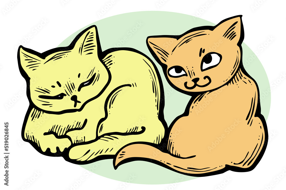 Fototapeta premium Cute cats friends sitting together. Decorative border, banner, postcard, poster print for kids room or birthday. Logo design for veterinary. Hand drawn illustration. Cartoon style character drawing.