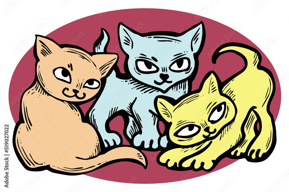 Cute cats friends sitting together. Decorative border, banner, postcard, poster print for kids room or birthday. Logo design for veterinary. Hand drawn illustration. Cartoon style character drawing. Cute cats friends sitting together. Decorative border, banner, postcard, poster print for kids room or birthday. Logo design for veterinary. Hand drawn illustration. Cartoon style character drawing.