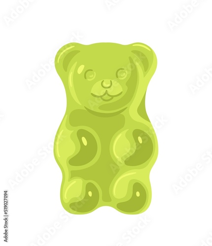 Green gummy bear. Delicious and tasty but junk and unhealthy food. Jelly characters, sweets. Dessert, gifts for children. Social media sticker, website icon. Cartoon flat vector illustration