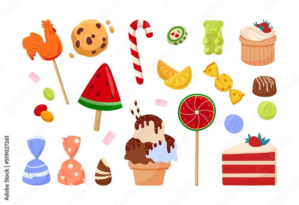Fototapeta premium Set of sweets. Collection of sweets, cookies and cakes. Goods of confectionery shops. Lollipop, piece of pie and cake, sugar food. Cartoon flat vector illustrations isolated on white background