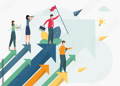 Business leadership and growth, Successful businessman standing on the arrow, which pointing up as symbol of achievement, Businessman looking forward. successful way. vector illustration.