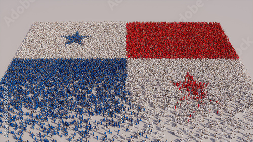 Aerial view of a Crowd of People, gathering to form the Flag of Panama. Panamanian Banner on White Background. photo