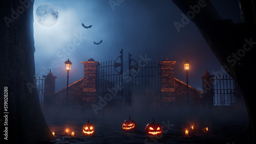 Spooky Halloween Churchyard Gate Scene with Pumpkin Decorations and Candles.
