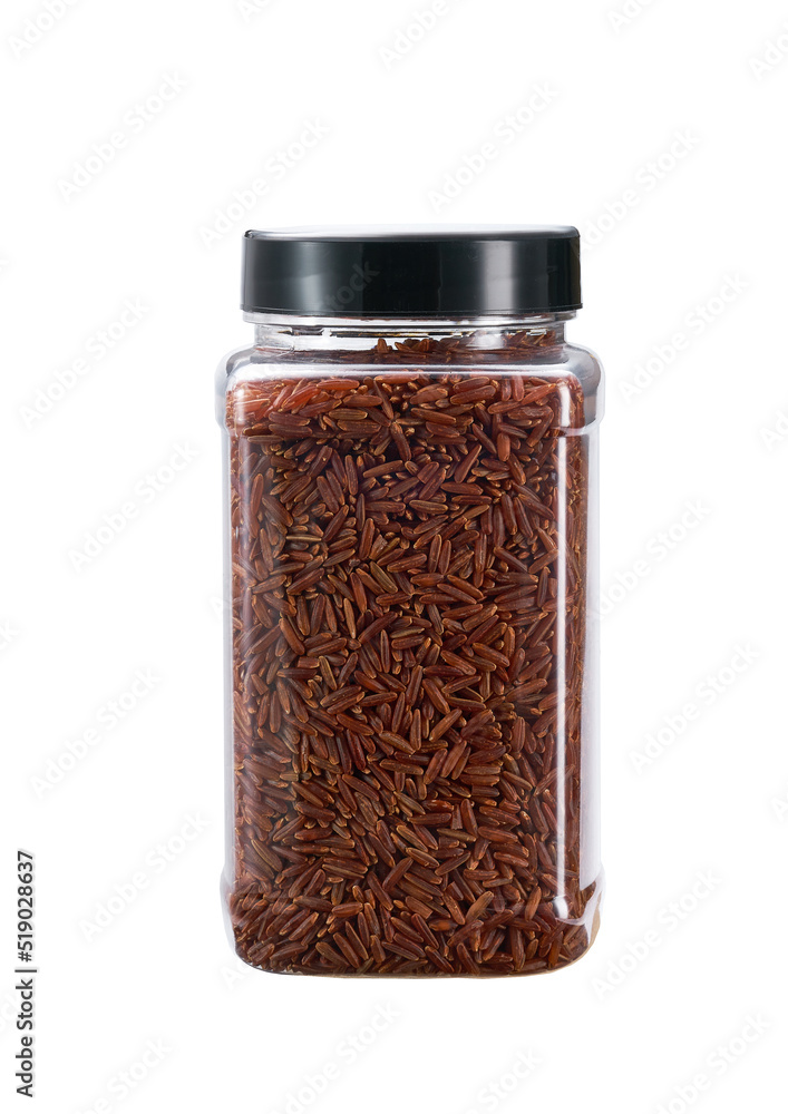 plastic jar with uncooked red rice isolated on white background. plastic jar with uncooked red rice isolated on white background.