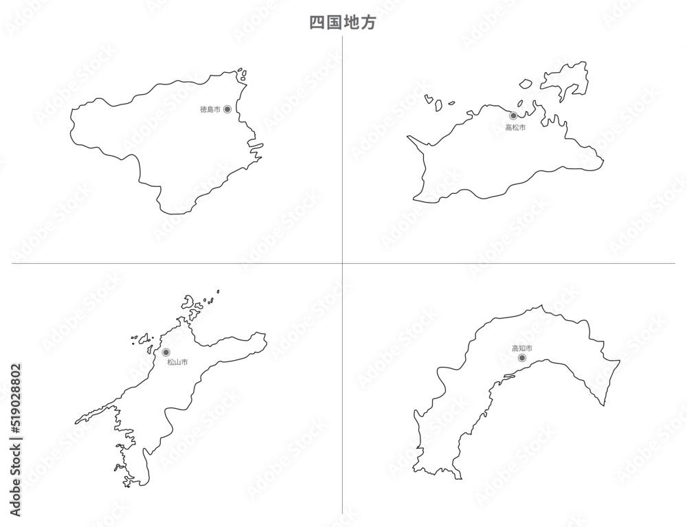 日本　白地図　四国地方（県庁所在地）