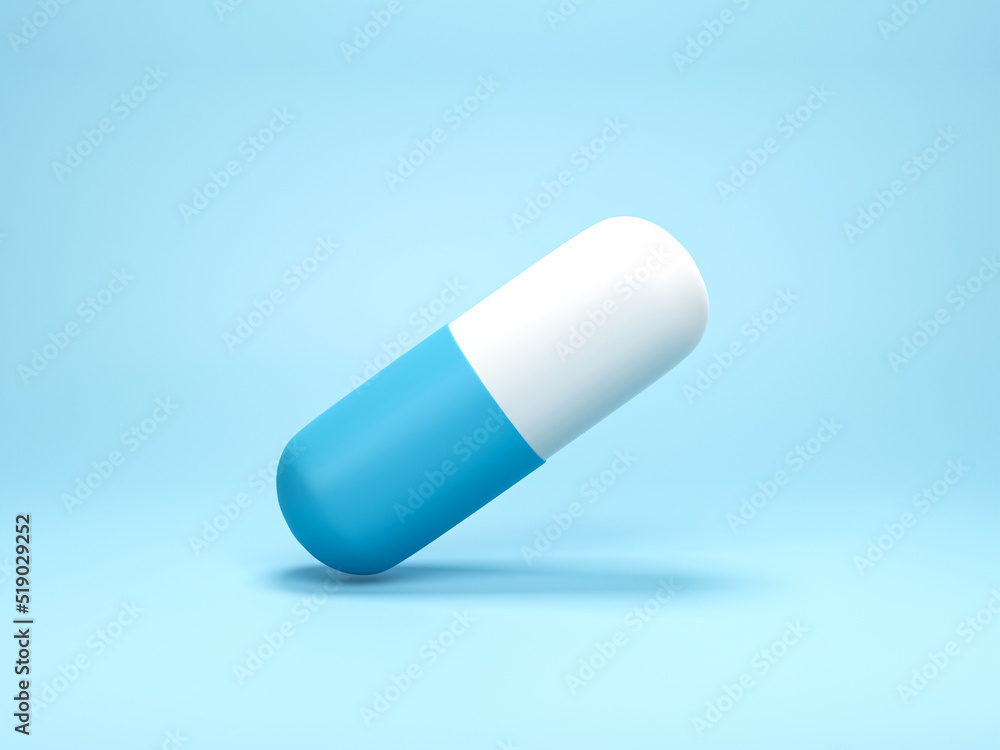 3D render, 3D illustration. Capsule pill. Medicine capsules on blue pastel background. 3D render, 3D illustration. Capsule pill. Medicine capsules on blue pastel background.
