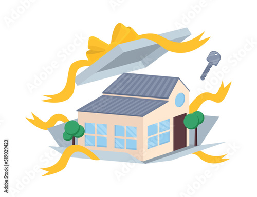 House in white gift box. Purchase of real estate or large house with trees. Investing, financial literacy. Design elements for lottery advertising or property sales. Cartoon flat vector illustration