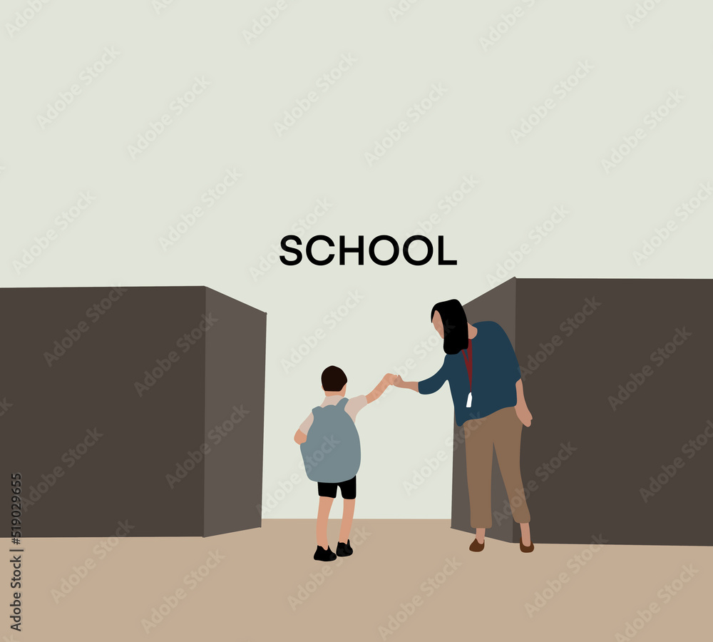 Boy with backpack greeting his teacher at school entrance door. Back to school concept. Vector illustration Boy with backpack greeting his teacher at school entrance door. Back to school concept. Vector illustration
