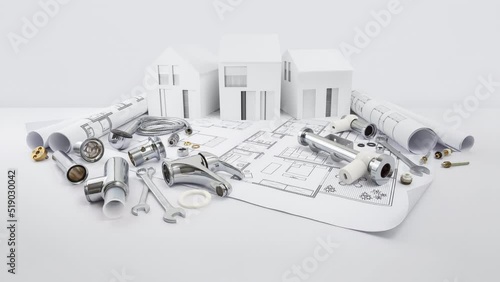 planning of house plumbing, components, equipment and plumber work tools on blueprint with model house, plumbing shop, technical assistance, supply and installation, heating and piping systems concept