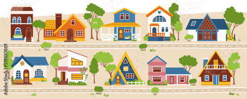 Fototapeta Naklejka Na Ścianę i Meble -  House front Scandinavian flat street. Various cartoon facade village or urban, small and tiny houses. Colorful modern or vintage cozy buildings. Residential homestead, cottage or villa facades
